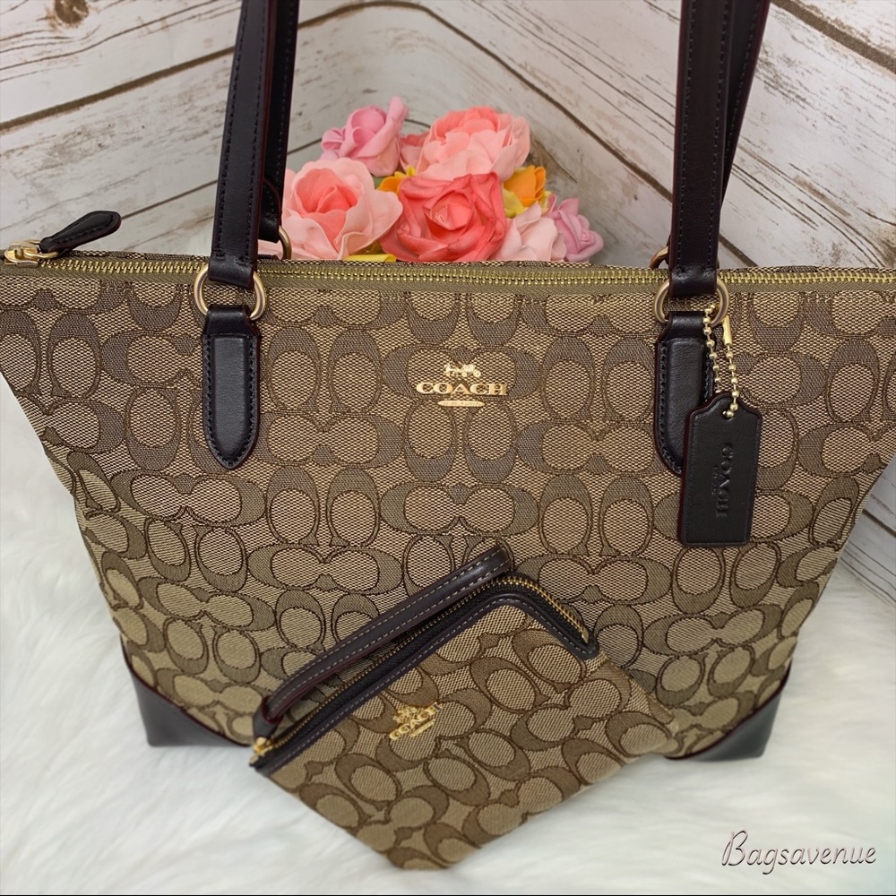 Coach signature khaki zip tote matching wristlet - Picture 3 of 8